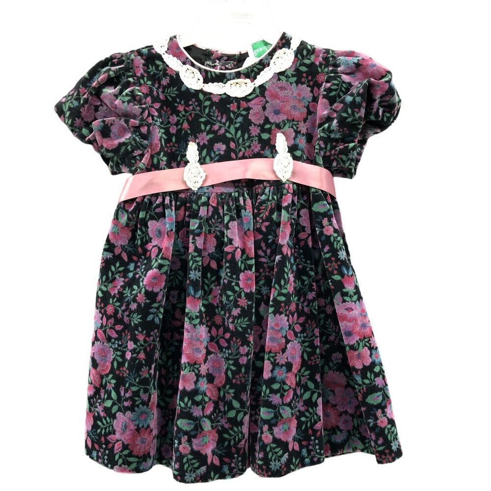 Vintage 90s Rare Editions Girls 2T Dress Velvet Puff Sleeve Floral Union Made‎